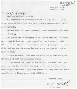 Correspondence from C. R. Wood to Congressman James R. Jones; Enclosed newspaper article titled &quot;Sam and Betty Jo had 22 kids in 25 years, one at a time&quot;, 1985-06-10